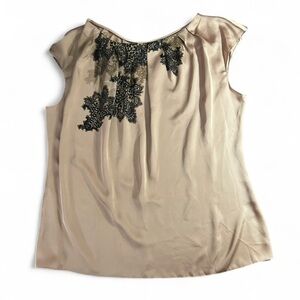 Worthington Champagne Top with Black Lace Accent, Cap Sleeves & Pleated Neckline